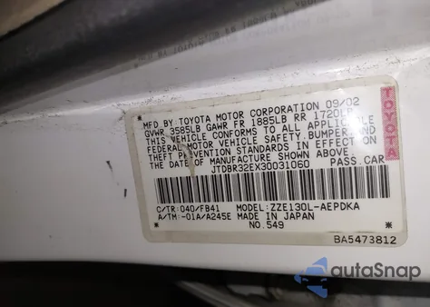 2003 Toyota Corolla Ce из США, поврежденный, VIN JTDBR32EX30031060